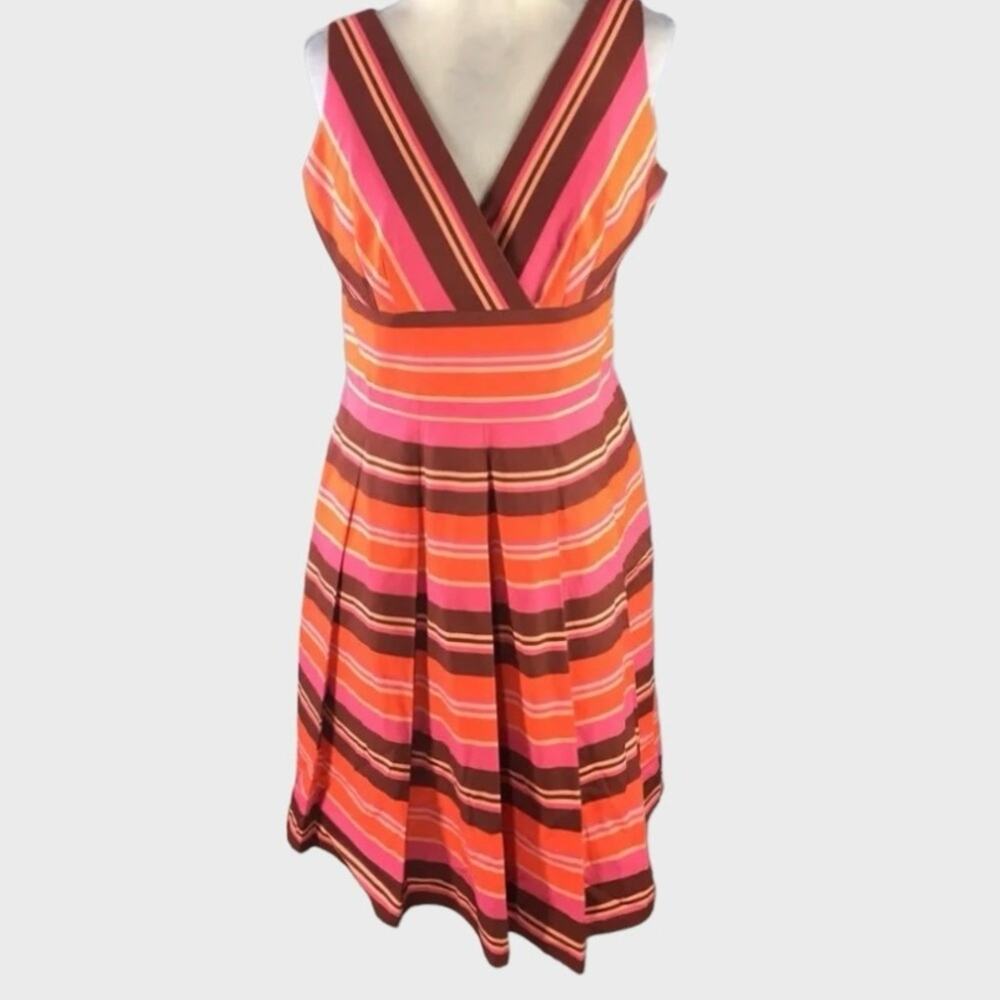 Talbots Pleated Striped Cotton Surplice Dress Size 14 Petite 50s Flair Sundress